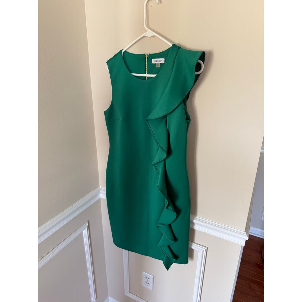 Green Preppy Ruffle Side Calvin Klein *HEMMED* Midi Length Dress Summer Formal - Picture 4 of 14